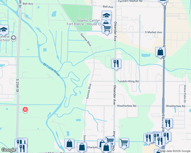 map of restaurants, bars, coffee shops, grocery stores, and more near 1300 Tumblin Kling Road in Fort Pierce