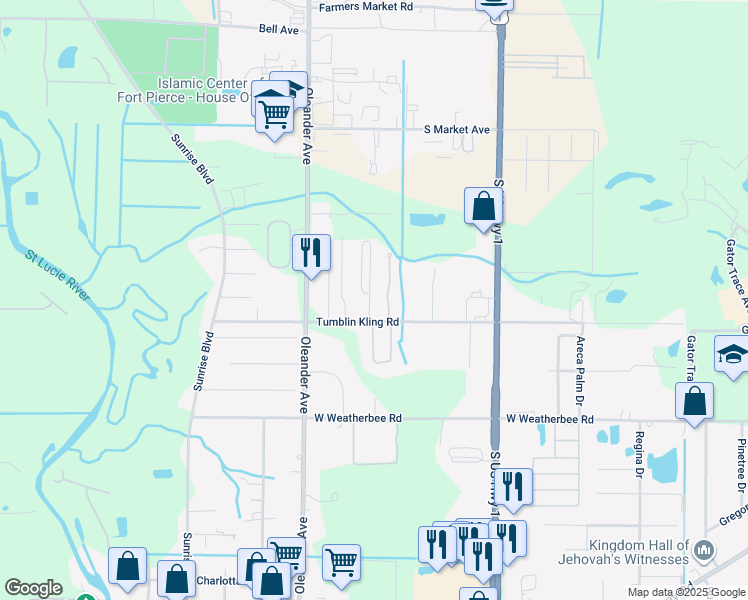map of restaurants, bars, coffee shops, grocery stores, and more near 104 Carol Susan Lane in Fort Pierce