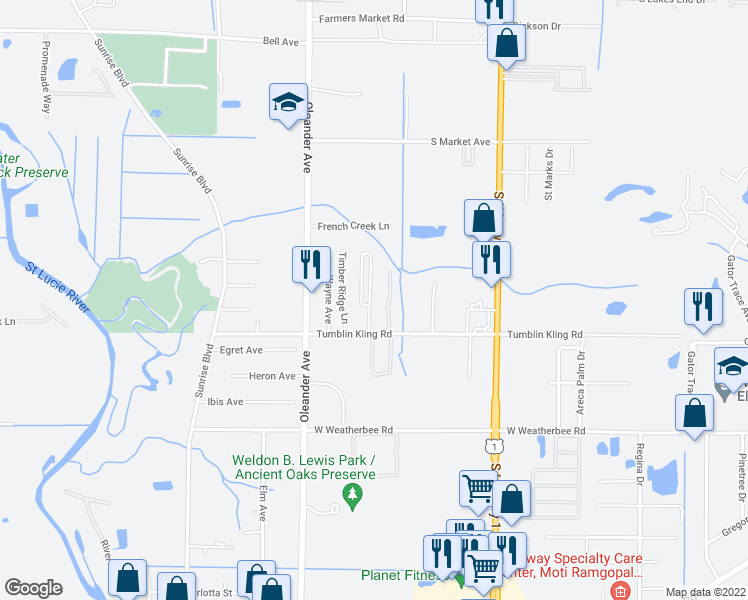 map of restaurants, bars, coffee shops, grocery stores, and more near 132 Carol Susan Lane in Fort Pierce