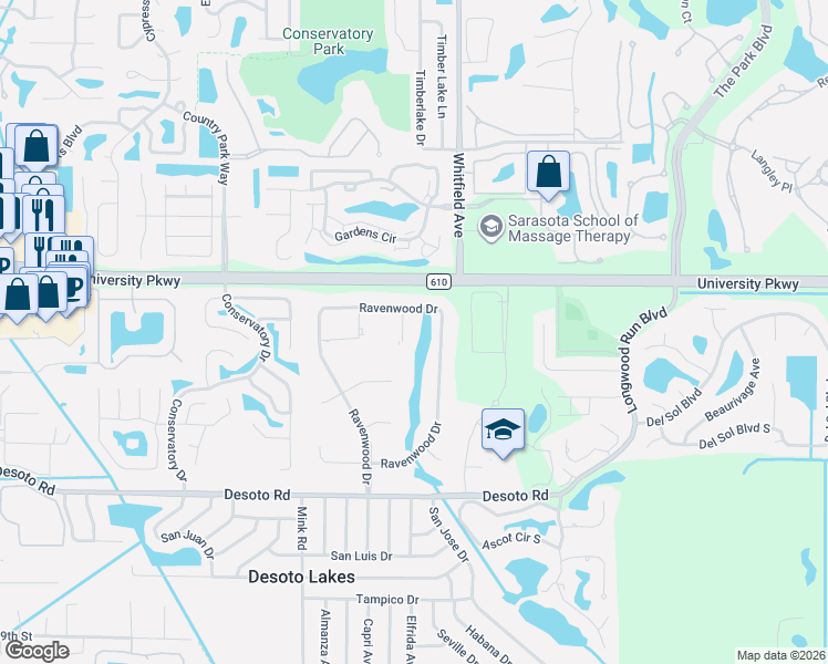 map of restaurants, bars, coffee shops, grocery stores, and more near 6374 Ravenwood Way in Sarasota