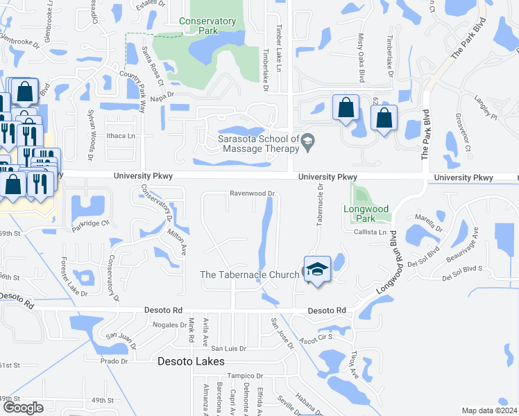 map of restaurants, bars, coffee shops, grocery stores, and more near 6349 Ravenwood Way in Sarasota