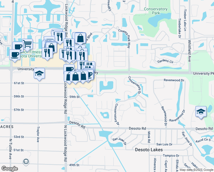 map of restaurants, bars, coffee shops, grocery stores, and more near 3426 Parkridge Circle in Sarasota