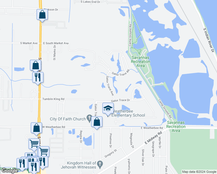 map of restaurants, bars, coffee shops, grocery stores, and more near 4215 Gator Trace Avenue in Fort Pierce