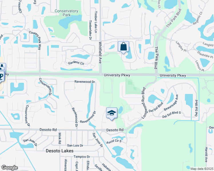 map of restaurants, bars, coffee shops, grocery stores, and more near 4100 University Parkway in Sarasota