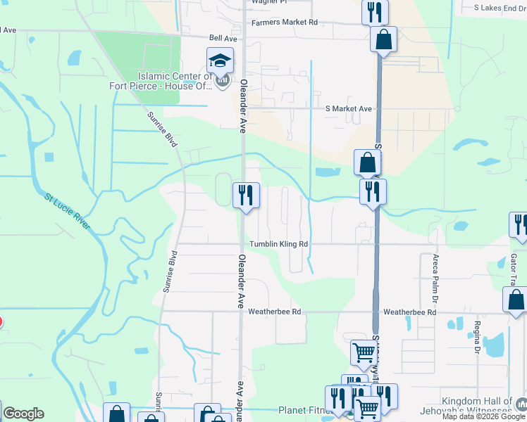 map of restaurants, bars, coffee shops, grocery stores, and more near 4493 Timber Ridge Lane in Fort Pierce