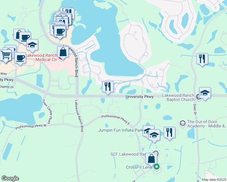 map of restaurants, bars, coffee shops, grocery stores, and more near 8432 Misty Morning Court in Bradenton