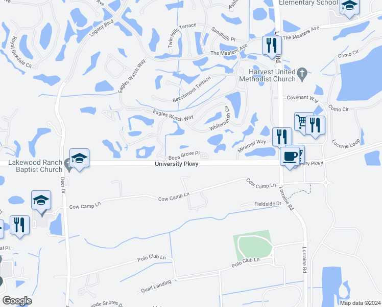 map of restaurants, bars, coffee shops, grocery stores, and more near 7150 Boca Grove Place in Bradenton