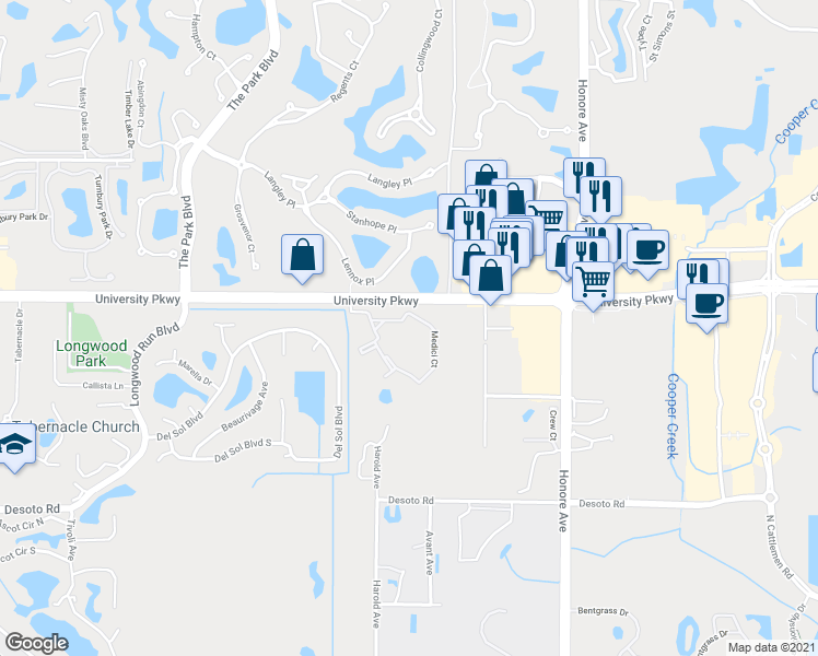 map of restaurants, bars, coffee shops, grocery stores, and more near 6021 Medici Court in Sarasota