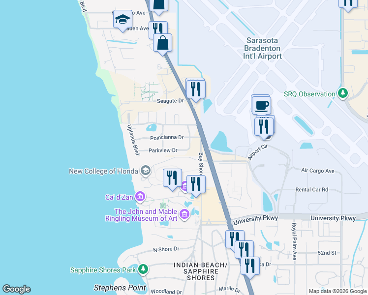 map of restaurants, bars, coffee shops, grocery stores, and more near 563 Parkview Drive in Sarasota