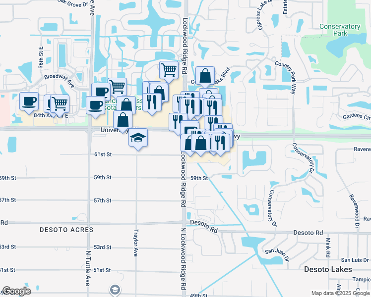 map of restaurants, bars, coffee shops, grocery stores, and more near 6204 North Lockwood Ridge Road in Sarasota