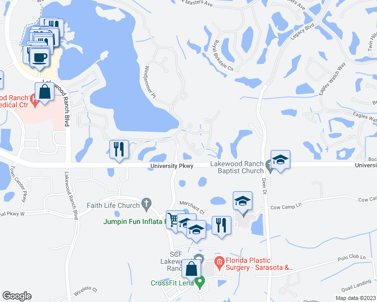 map of restaurants, bars, coffee shops, grocery stores, and more near 8446 Idlewood Court in Lakewood Ranch
