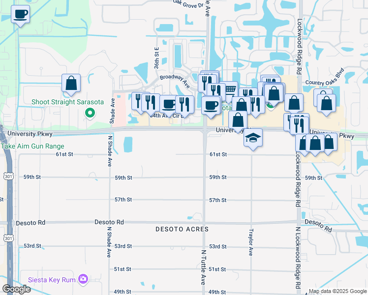 map of restaurants, bars, coffee shops, grocery stores, and more near 2708 61st Street in Sarasota