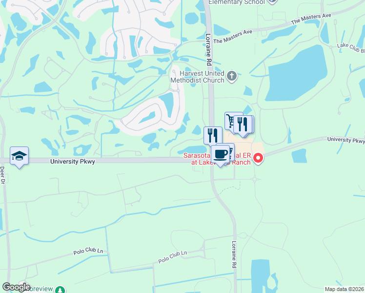 map of restaurants, bars, coffee shops, grocery stores, and more near 479 University Parkway in Bradenton