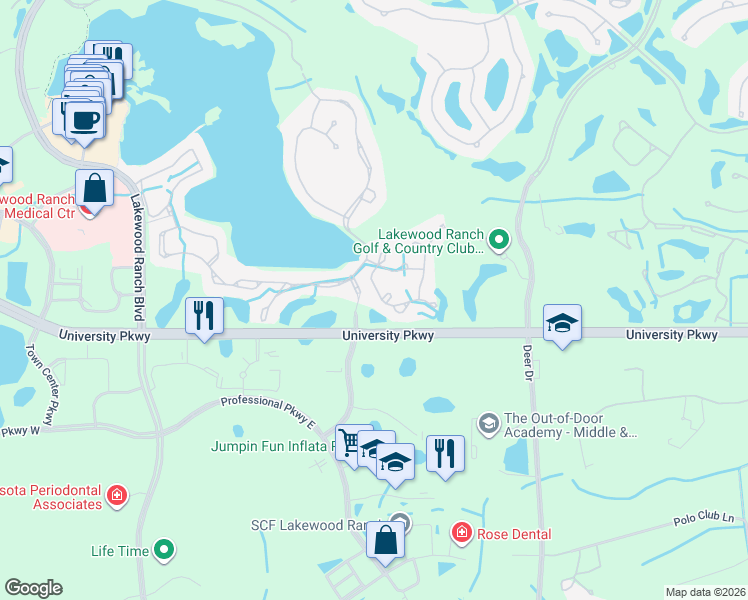 map of restaurants, bars, coffee shops, grocery stores, and more near 8446 Idlewood Court in Lakewood Ranch
