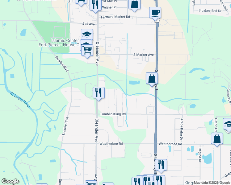 map of restaurants, bars, coffee shops, grocery stores, and more near 182 Carol Susan Lane in Fort Pierce