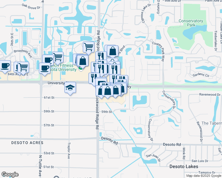map of restaurants, bars, coffee shops, grocery stores, and more near 6204 North Lockwood Ridge Road in Sarasota