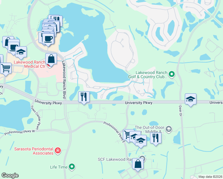 map of restaurants, bars, coffee shops, grocery stores, and more near 6585 Waters Edge Way in Lakewood Ranch