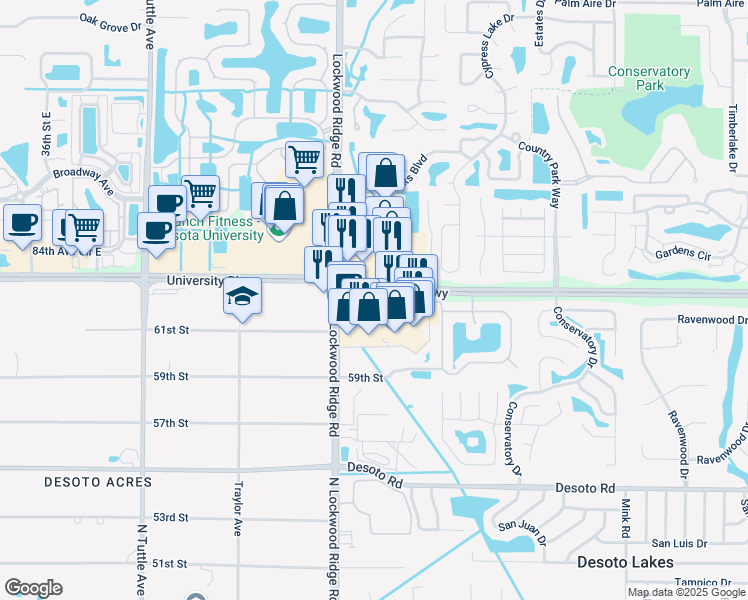 map of restaurants, bars, coffee shops, grocery stores, and more near 6076 Lockwood Ridge Road in Sarasota