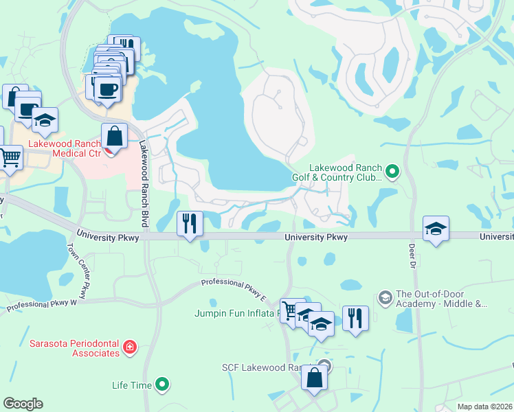 map of restaurants, bars, coffee shops, grocery stores, and more near 6585 Waters Edge Way in Lakewood Ranch