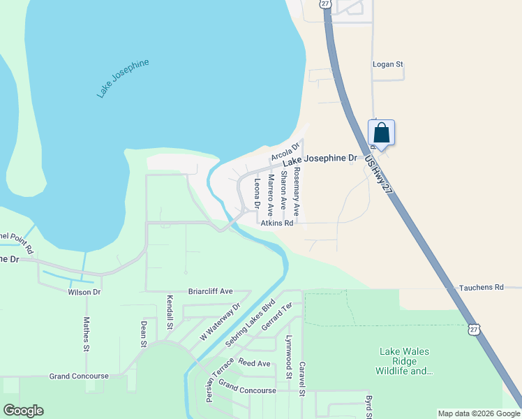 map of restaurants, bars, coffee shops, grocery stores, and more near 117 Leona Drive in Sebring