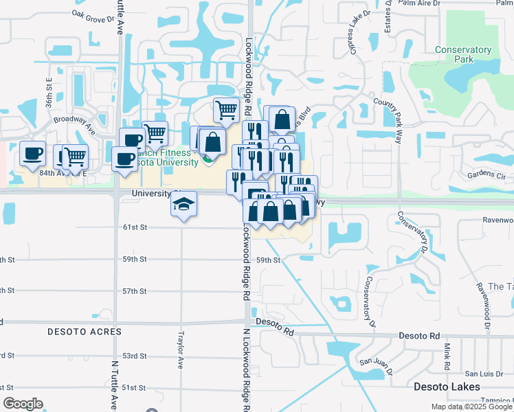 map of restaurants, bars, coffee shops, grocery stores, and more near 6076 Lockwood Ridge Road in Sarasota