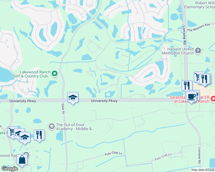 map of restaurants, bars, coffee shops, grocery stores, and more near 7029 Woodmore Terrace in Lakewood Ranch