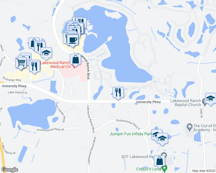map of restaurants, bars, coffee shops, grocery stores, and more near 6510 Waters Edge Way in Lakewood Ranch