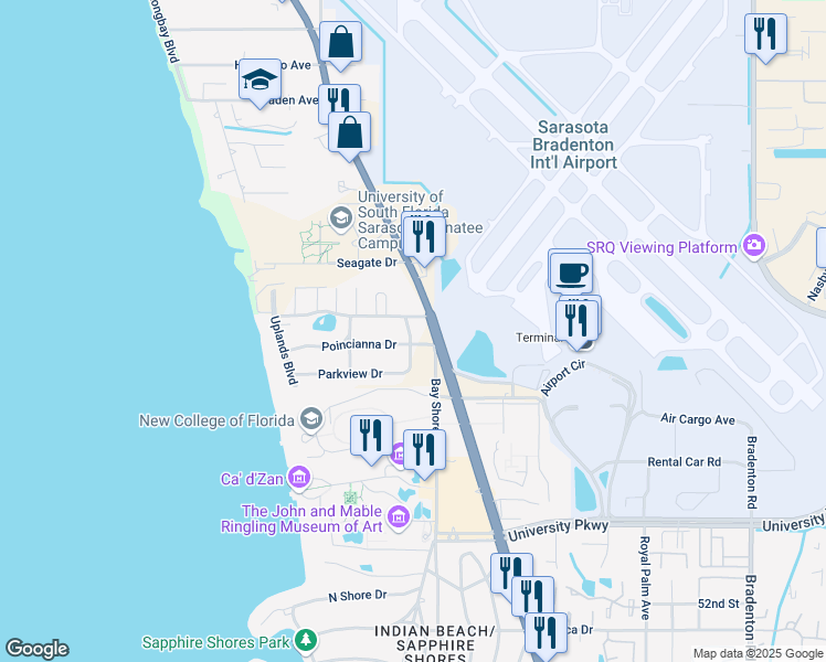 map of restaurants, bars, coffee shops, grocery stores, and more near 114 Downey Road in Sarasota