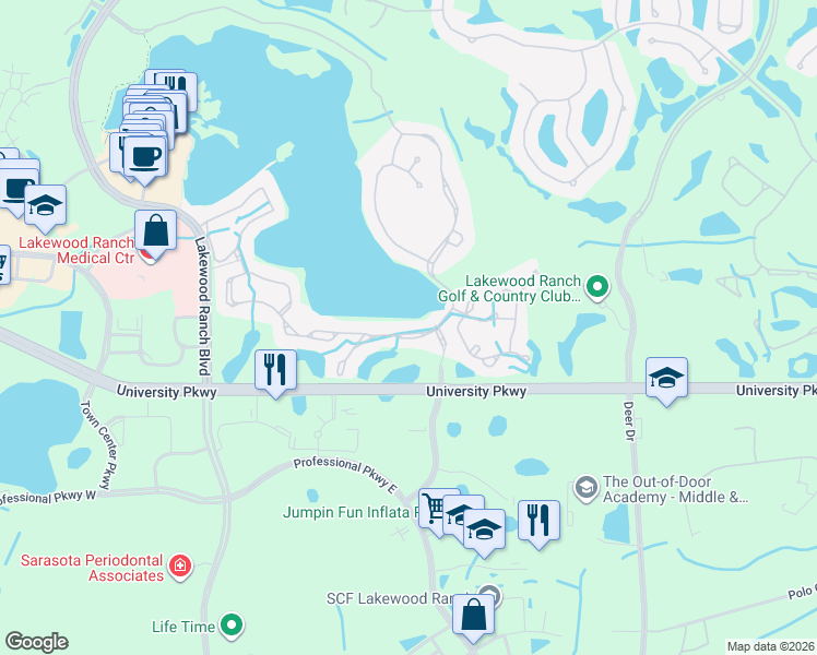 map of restaurants, bars, coffee shops, grocery stores, and more near 6623 Waters Edge Way in Lakewood Ranch