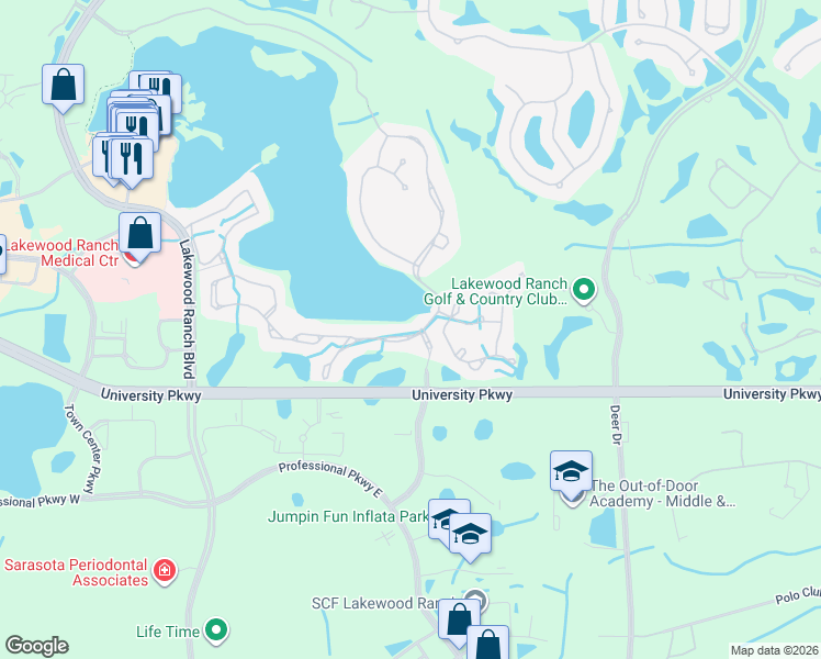 map of restaurants, bars, coffee shops, grocery stores, and more near 6623 Waters Edge Way in Lakewood Ranch