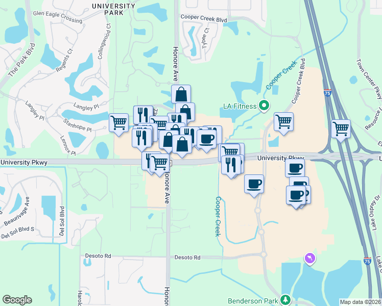 map of restaurants, bars, coffee shops, grocery stores, and more near University Park University Pkwy in University Park
