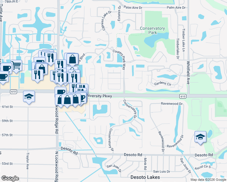 map of restaurants, bars, coffee shops, grocery stores, and more near 5048 Brandeis Circle South in Sarasota
