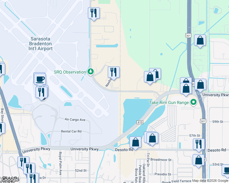 map of restaurants, bars, coffee shops, grocery stores, and more near 1400-1442 West University Parkway in Sarasota