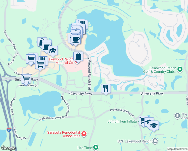 map of restaurants, bars, coffee shops, grocery stores, and more near 8443 Sailing Loop in Lakewood Ranch