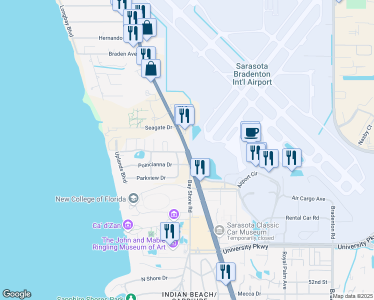 map of restaurants, bars, coffee shops, grocery stores, and more near 114 Downey Road in Sarasota