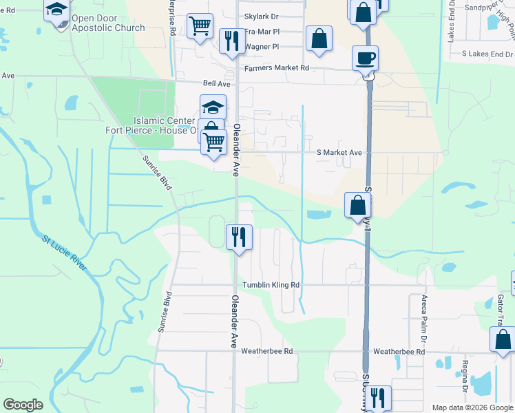 map of restaurants, bars, coffee shops, grocery stores, and more near 702 French Creek Lane in Fort Pierce