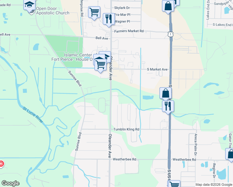 map of restaurants, bars, coffee shops, grocery stores, and more near 702 French Creek Lane in Fort Pierce