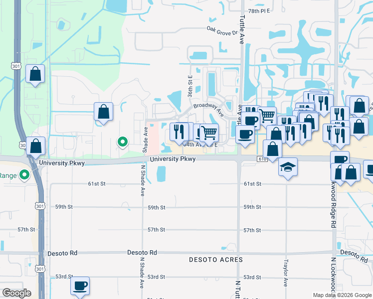 map of restaurants, bars, coffee shops, grocery stores, and more near 2605 University Parkway in Sarasota