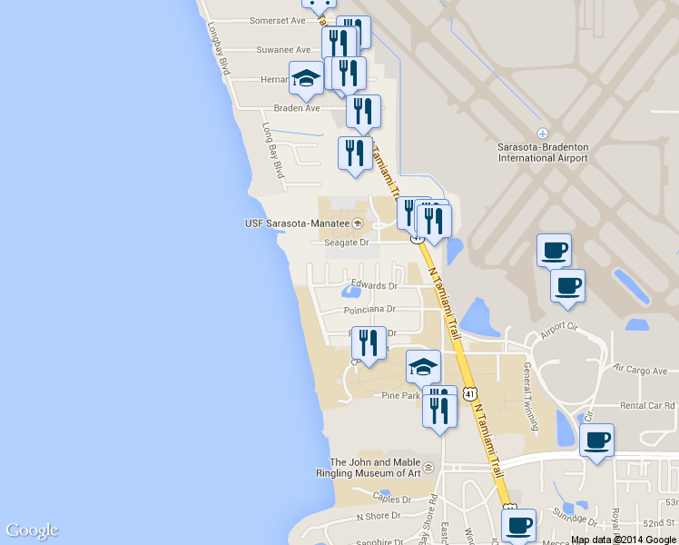 map of restaurants, bars, coffee shops, grocery stores, and more near 8455 Coral Way in Sarasota