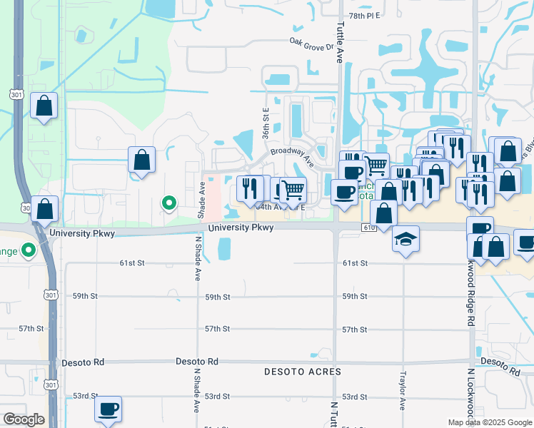 map of restaurants, bars, coffee shops, grocery stores, and more near 2605 University Parkway in Sarasota