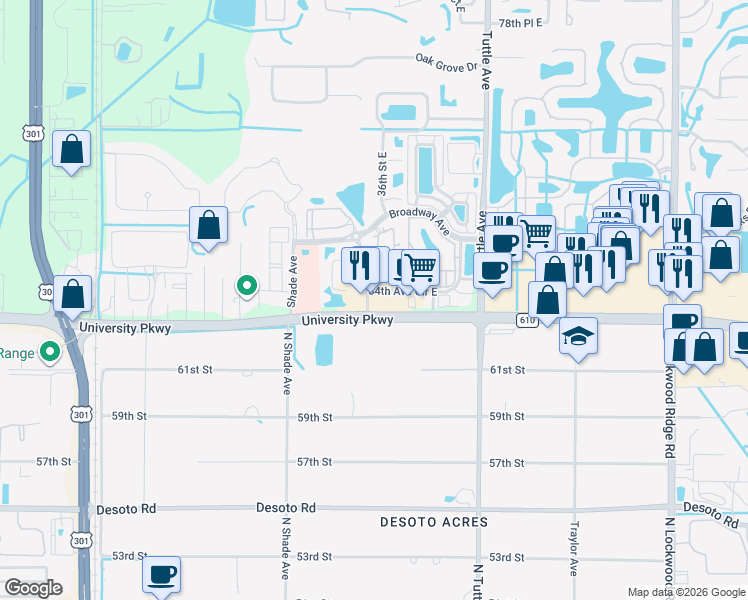map of restaurants, bars, coffee shops, grocery stores, and more near 2605 University Parkway in Sarasota