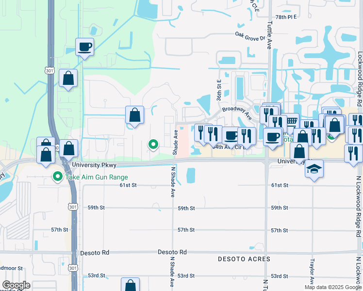 map of restaurants, bars, coffee shops, grocery stores, and more near 2415 University Parkway in Sarasota