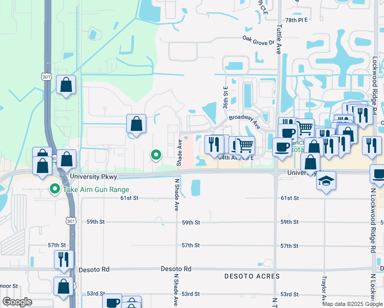 map of restaurants, bars, coffee shops, grocery stores, and more near 2415 University Parkway in Sarasota