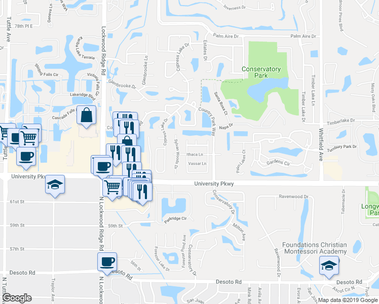 map of restaurants, bars, coffee shops, grocery stores, and more near 5007 Ithaca Lane in Sarasota