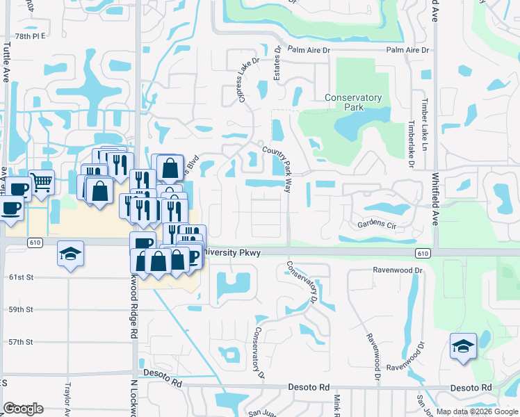 map of restaurants, bars, coffee shops, grocery stores, and more near 8412 Brandeis Circle South in Sarasota