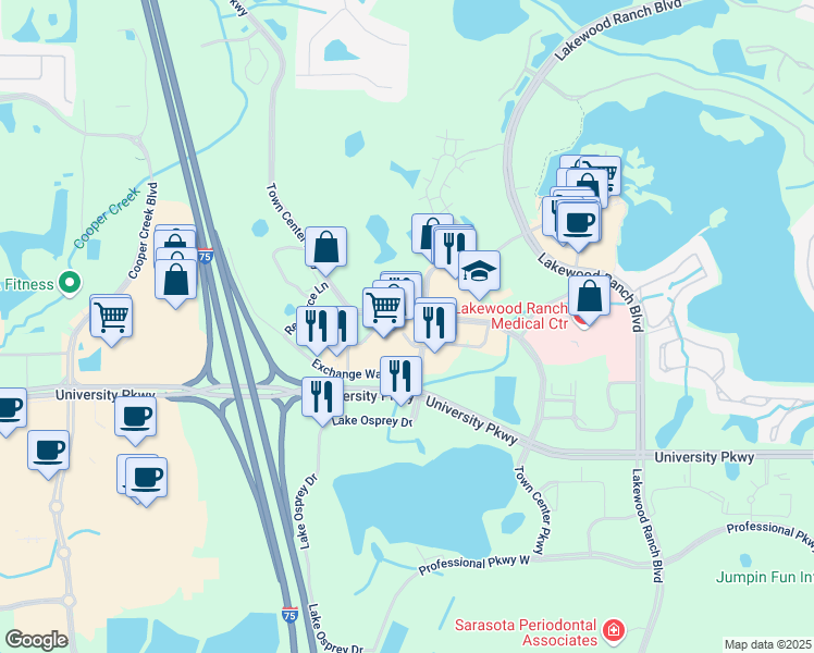 map of restaurants, bars, coffee shops, grocery stores, and more near 9040 Town Center Parkway in Lakewood Ranch