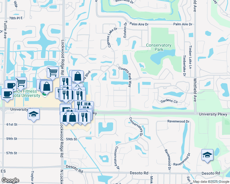 map of restaurants, bars, coffee shops, grocery stores, and more near 8328 Brandeis Circle South in Sarasota