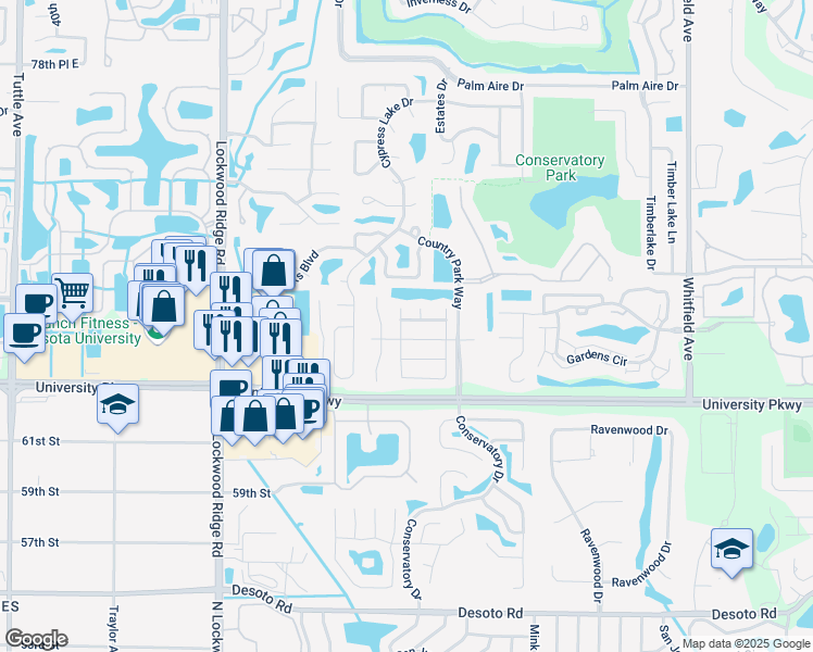 map of restaurants, bars, coffee shops, grocery stores, and more near 8328 Brandeis Circle South in Sarasota