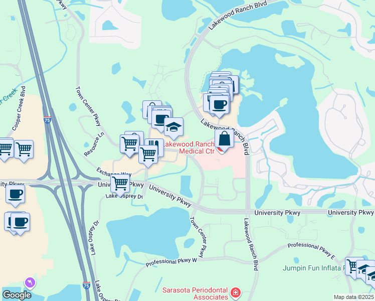 map of restaurants, bars, coffee shops, grocery stores, and more near 9135 Town Center Parkway in Bradenton