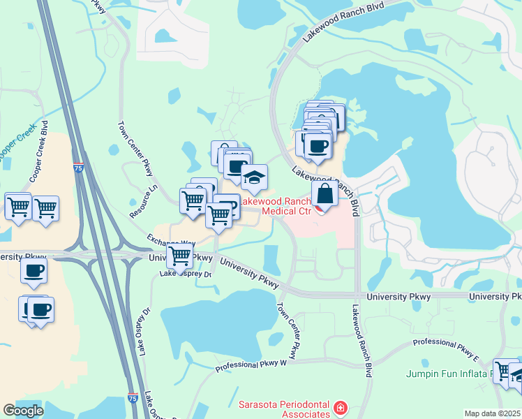 map of restaurants, bars, coffee shops, grocery stores, and more near 9135 Town Center Parkway in Bradenton